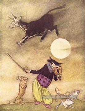 Mère Oie La vache a sauté sur la lune illustrateur Arthur Rackham Peinture à l'huile